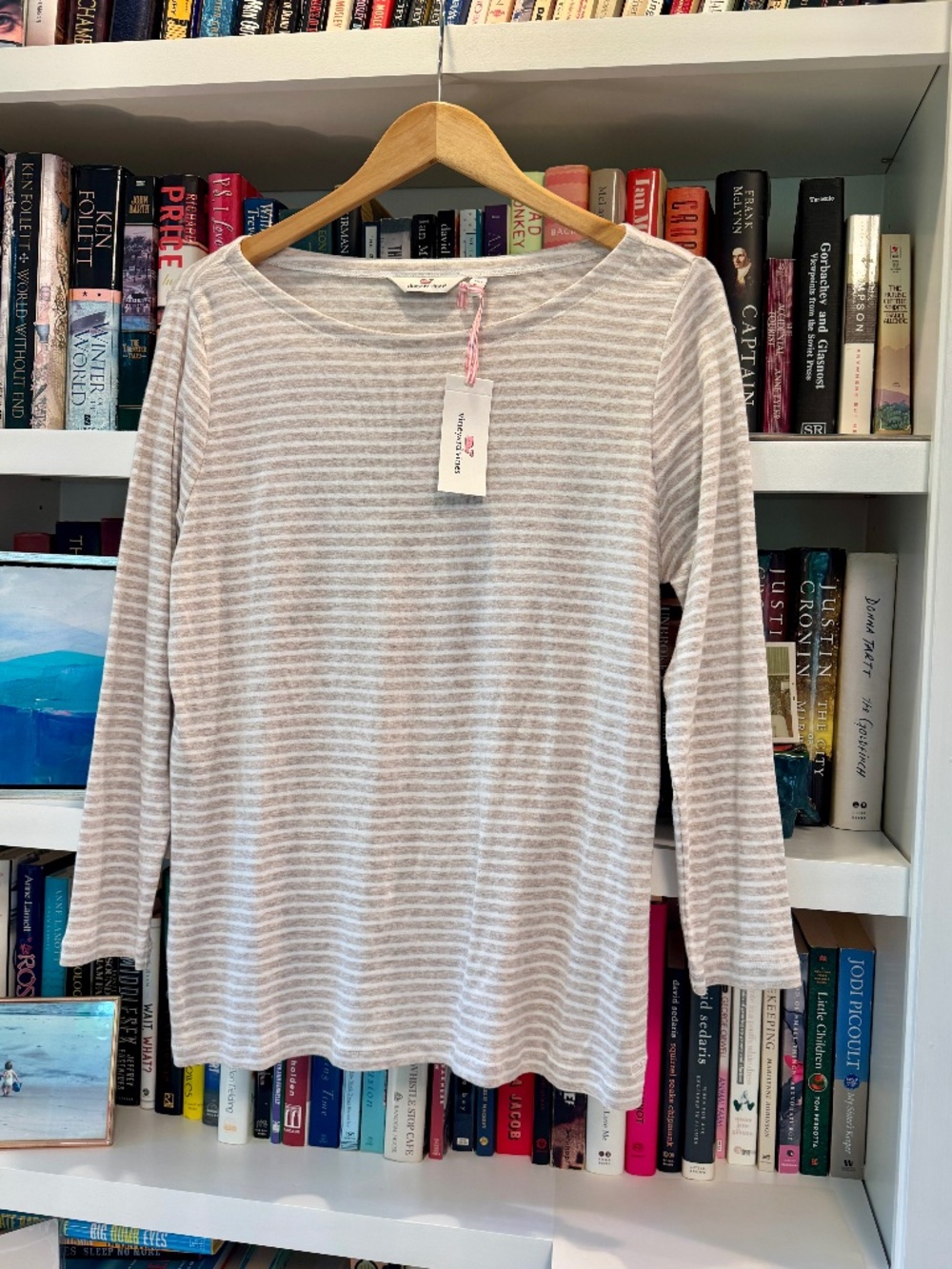 NWT Vineyard Vines Striped Simple Boatneck Tee, Oatmeal Heather, Size XL